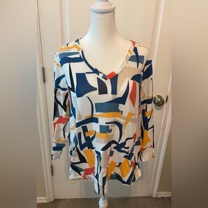 Chico's Abstract V-Neck Blouse in White, Navy, Mustard & Red